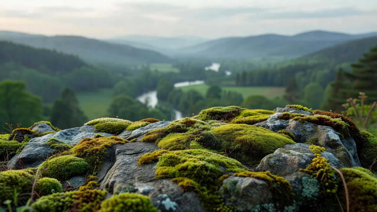 Close detail of moss-covered stone with a softly focused valley beyond