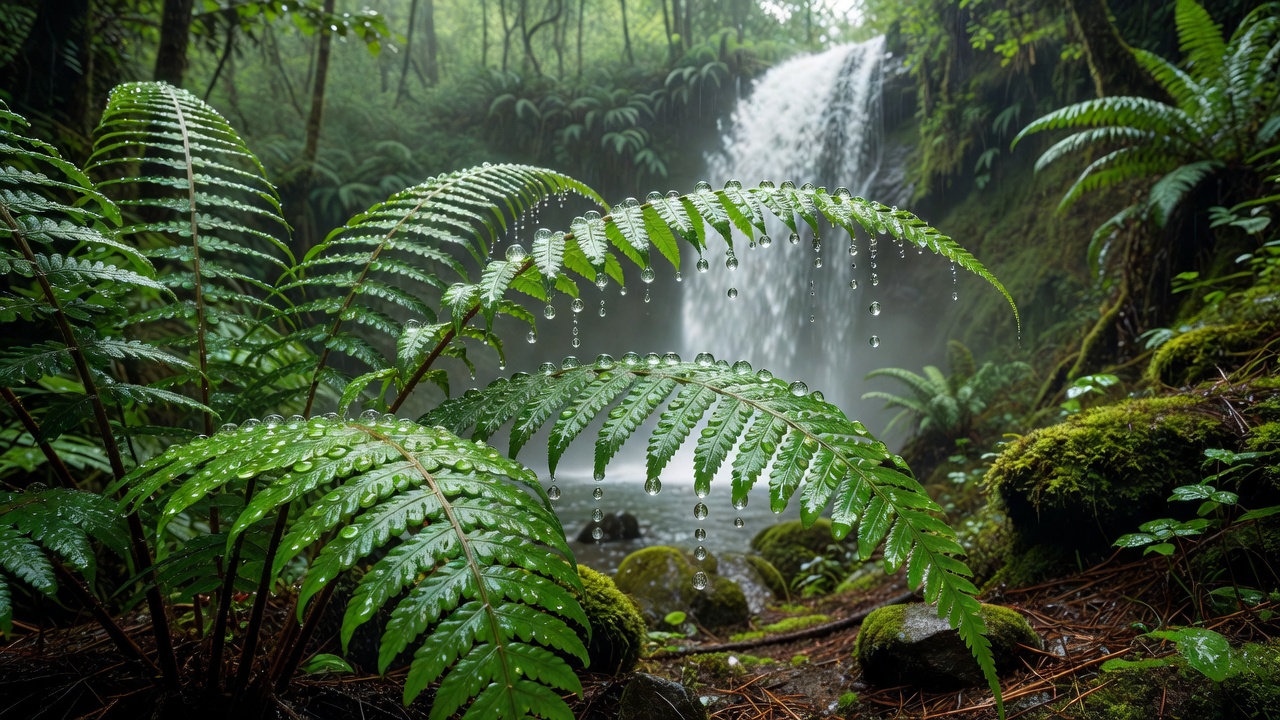 Fine waterfall spray collecting as droplets on fern fronds