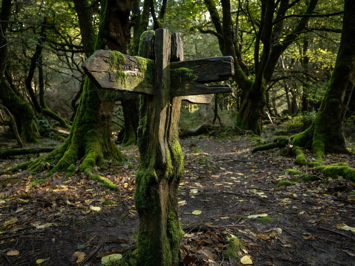 Weathered woodland waymark with moss growing along the wooden post