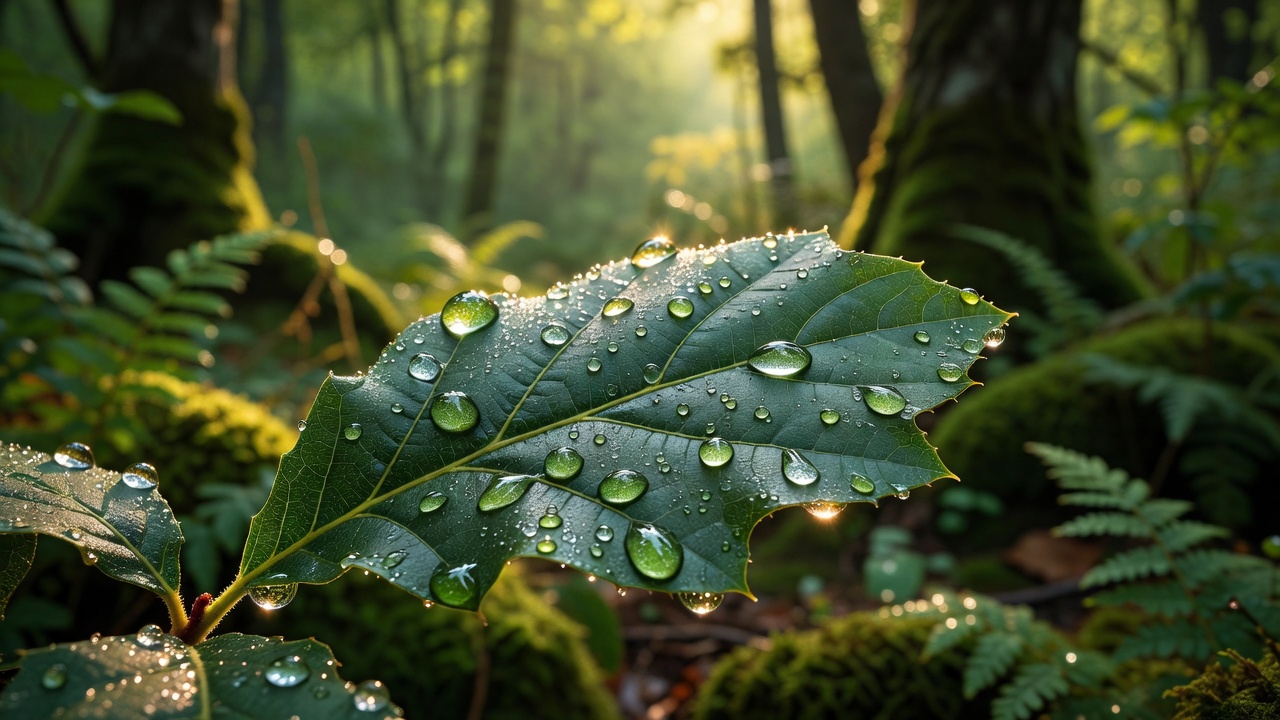 Water droplets resting on a woodland leaf with warm light behind the canopy